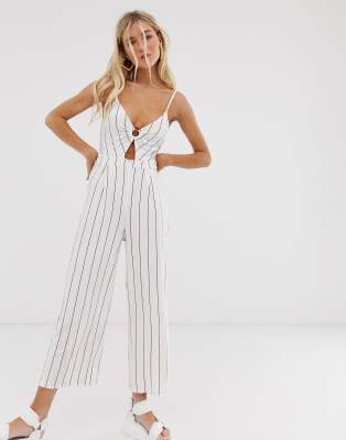 Bershka ring front jumpsuit in ecru-White