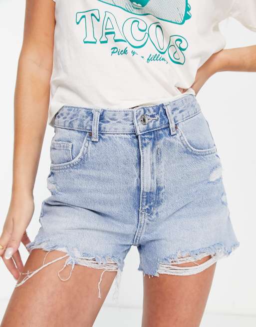 Bershka rip detail shorts in mid blue ASOS