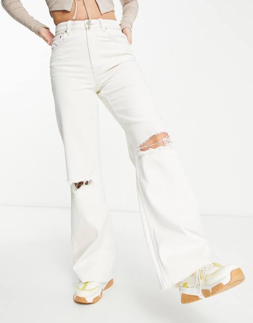 Bershka ripped wide leg jeans in light blue