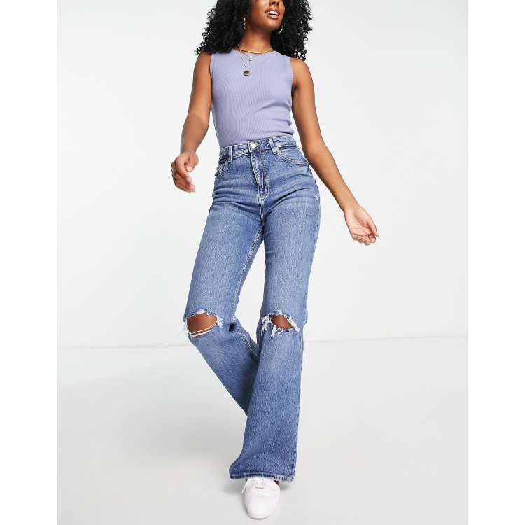 Bershka rip knee flare jean and mid blue