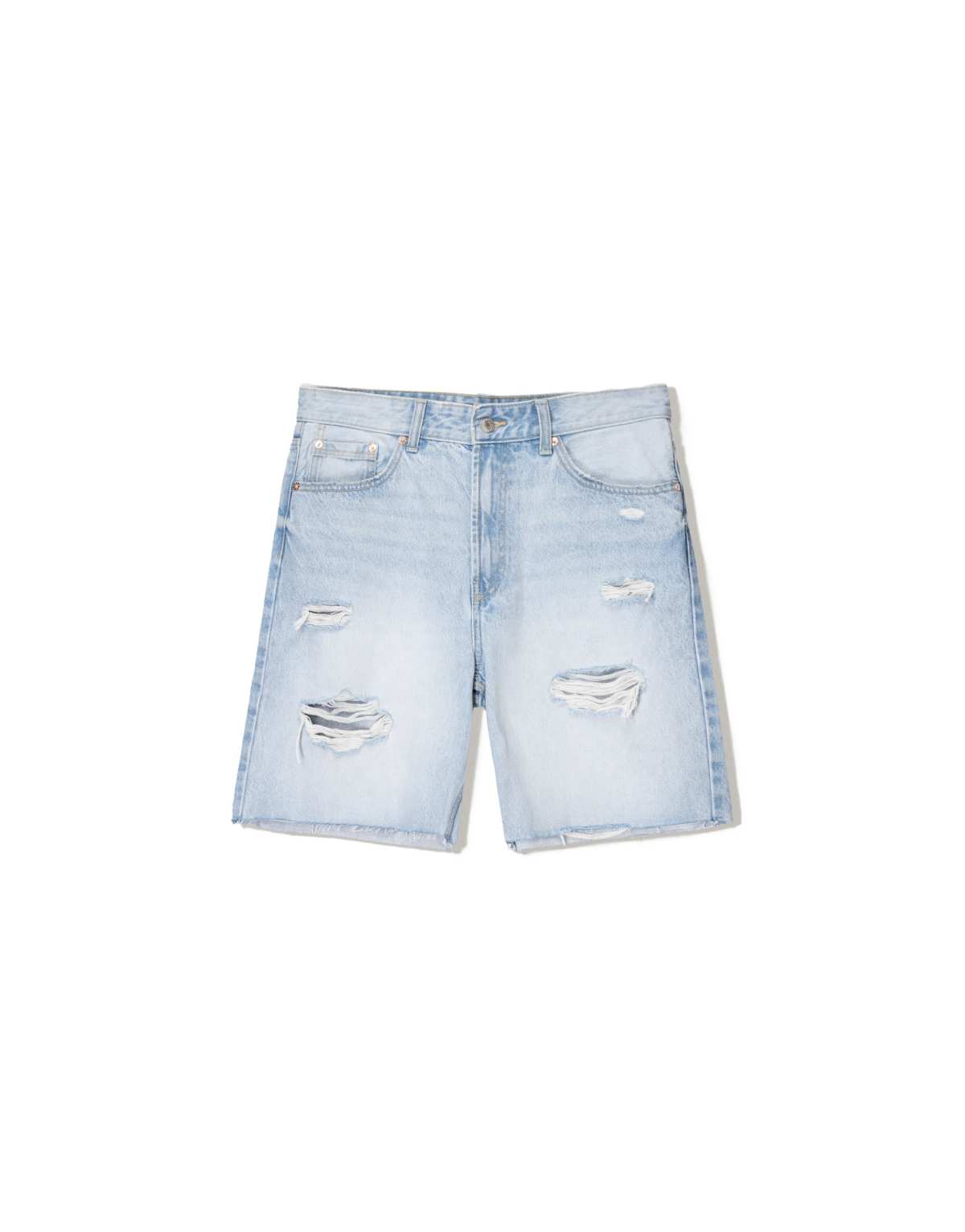 Bershka ripped denim bermuda shorts in light bue