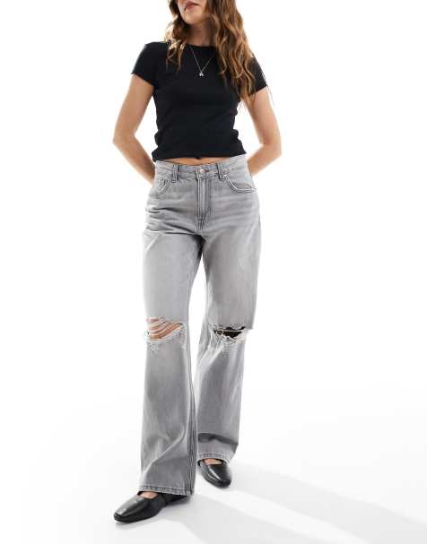 Bershka ripped knee wide leg jeans in light gray - view 1