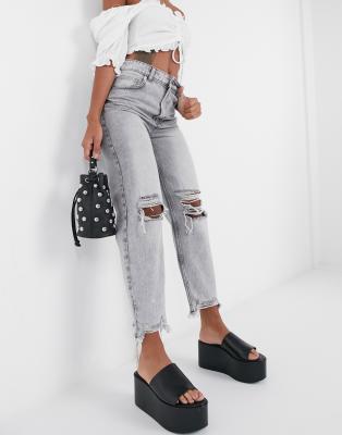 Bershka Organic Cotton Ripped Mom Jeans With Frayed Hem In Washed