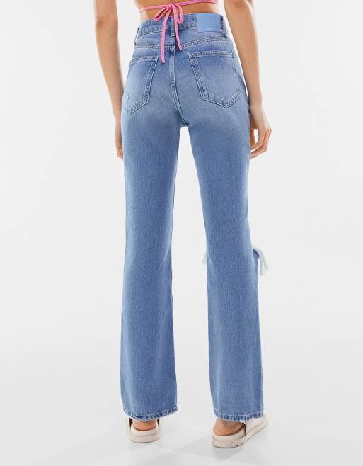 Bershka ripped stretch flare jean in blue