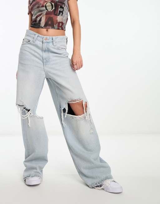 Bershka ripped wide leg jeans in light blue | ASOS