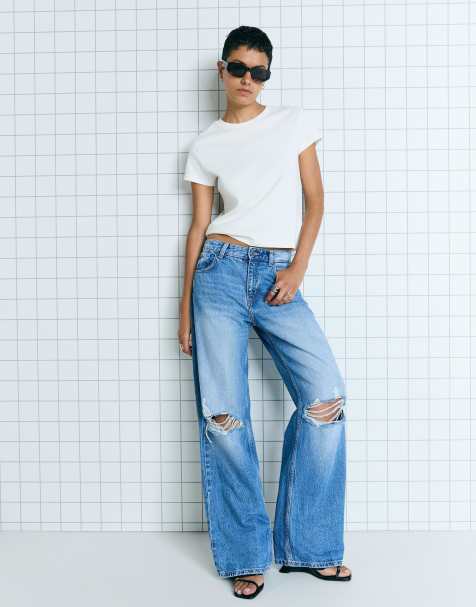 Bershka Ripped wide-leg jeans in light blue - view 1