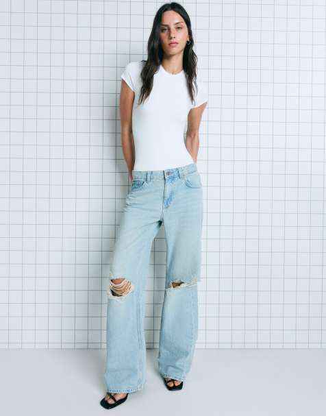 Bershka Ripped wide-leg jeans in mid blue - view 1