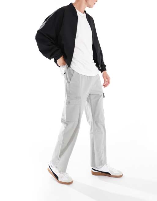 Grey Elasticated Waist Straight Leg Cargo Pants