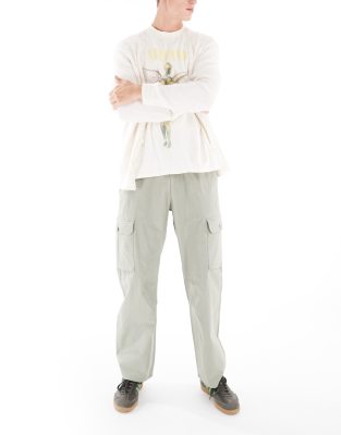 Bershka Ripstop Wide Leg Cargo Pants In Khaki-green | ModeSens