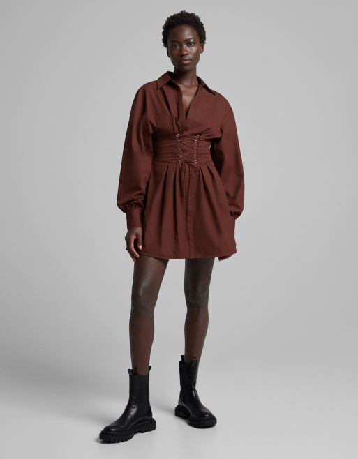 Bershka Robe nouer avec d tail corset Chocolat