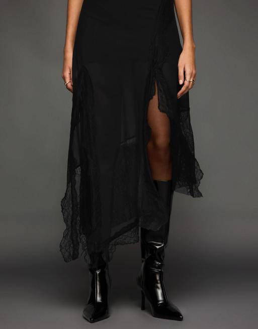 Bershka - Robe bandeau mi-longue asymétrique en tulle et dentelle - Noir, 3 de 4
