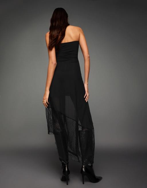 Bershka - Robe bandeau mi-longue asymétrique en tulle et dentelle - Noir, 4 de 4