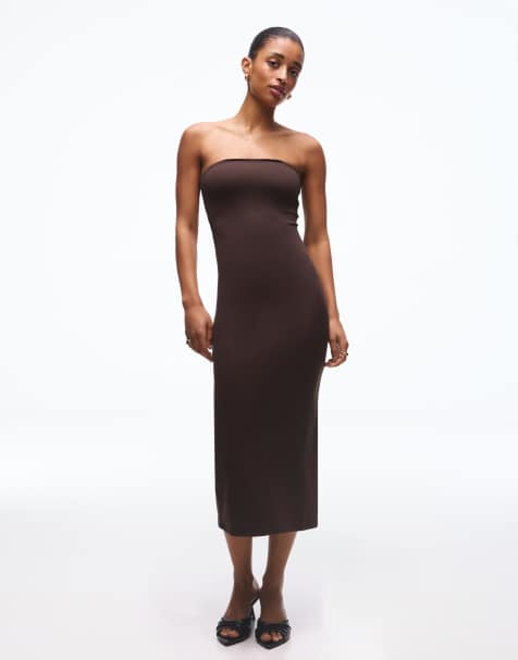 Bershka - Robe bandeau mi-longue en maille - Marron - view 1