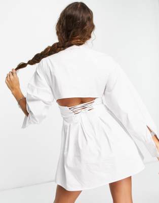 Bershka Robe chemise avec la age au dos Blanc ASOS