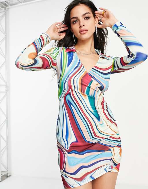 Bershka - Robe chemise drapée à imprimé holographique - Multicolore