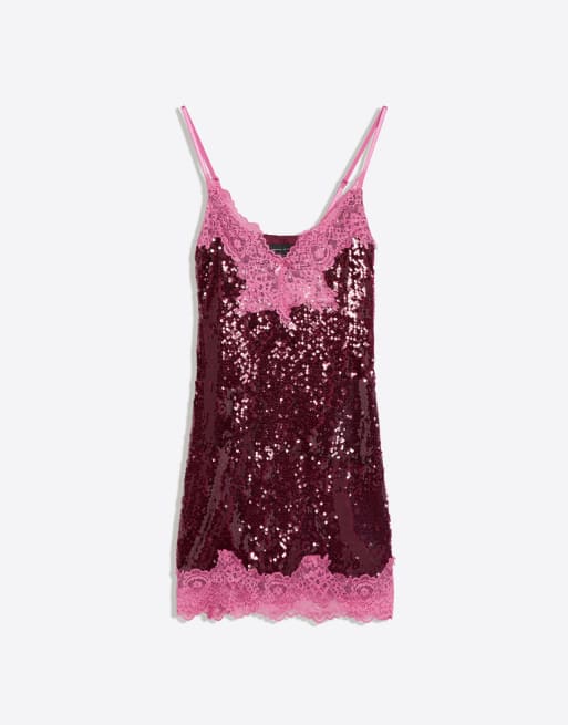 Bershka robe courte à bretelles en dentelle à sequins bordeaux, 5 de 5