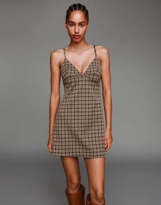 Bershka - Robe courte à carreaux - Marron