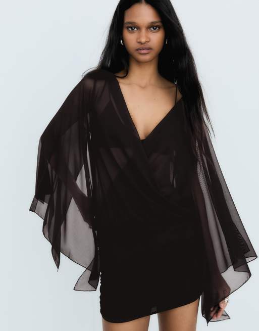 Bershka - Robe courte à manches cape - Noir, 4 de 4
