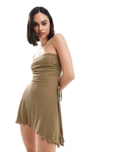 Bershka - Robe courte bandeau avec bords ondulés - Kaki - view 1