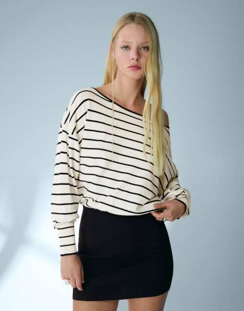 Bershka - Robe courte côtelée asymétrique - Noir - view 1