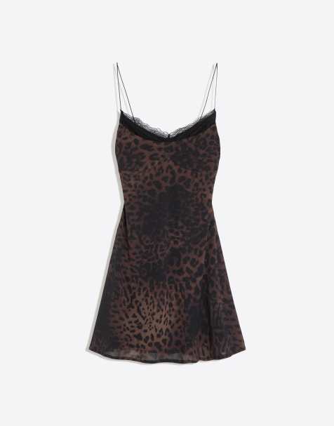 Bershka robe courte en dentelle et tulle à imprimé animal marron - view 1