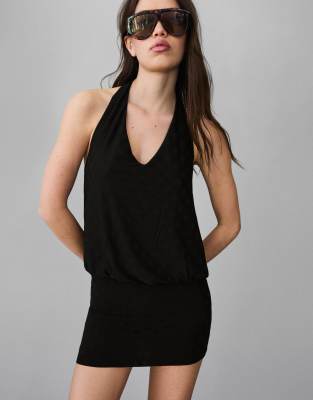 Bershka - Robe courte en jacquard à pois - Noir