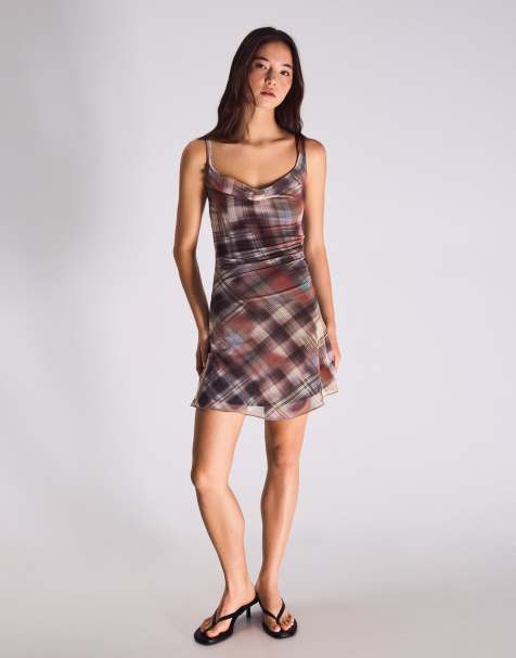 Bershka - Robe courte en tulle à carreaux - Marron - view 1