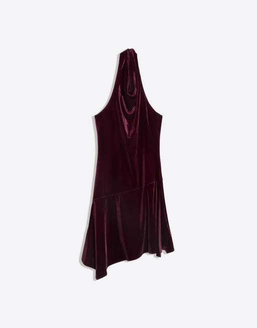 Bershka Robe courte en velours drapée à col licou bordeaux, 5 de 5