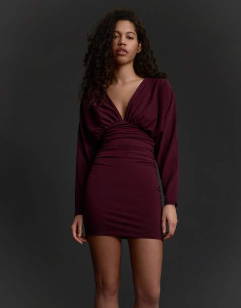 Bershka - Robe courte froncée - Bordeaux - view 1