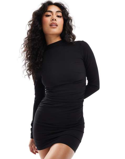 Bershka - Robe courte froncée sur le devant en polyamide - Noir - view 1