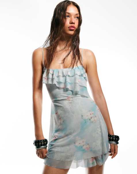Bershka - Robe courte imprimée à volants en tulle - Bleu denim - view 1