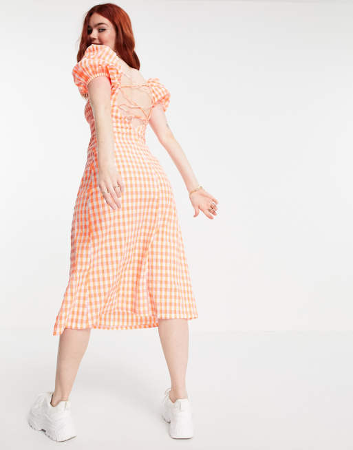 Bershka Robe en crépon à manches bouffantes Vichy rose ASOS