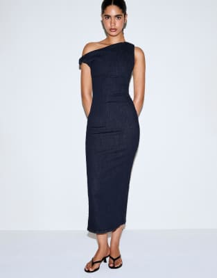 Bershka - Robe en jean à épaule dénudée - Bleu-Bleu marine