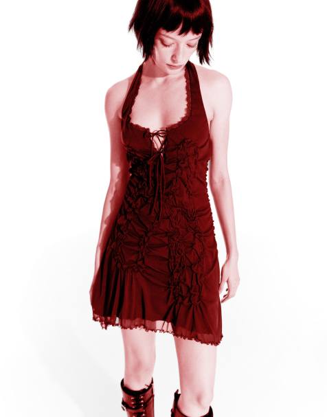 Bershka - Robe froncée courte en dentelle - Bordeaux - view 1