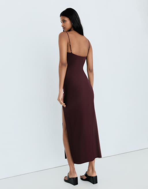 Bershka - Robe froncée mi-longue à bretelles - Bordeaux, 3 de 5