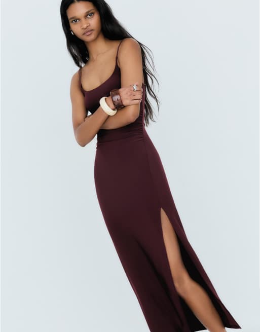 Bershka - Robe froncée mi-longue à bretelles - Bordeaux, 4 de 5