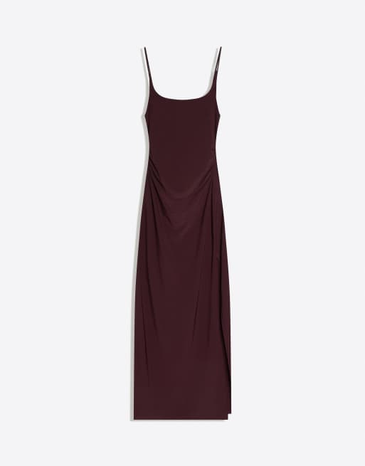 Bershka - Robe froncée mi-longue à bretelles - Bordeaux, 5 de 5