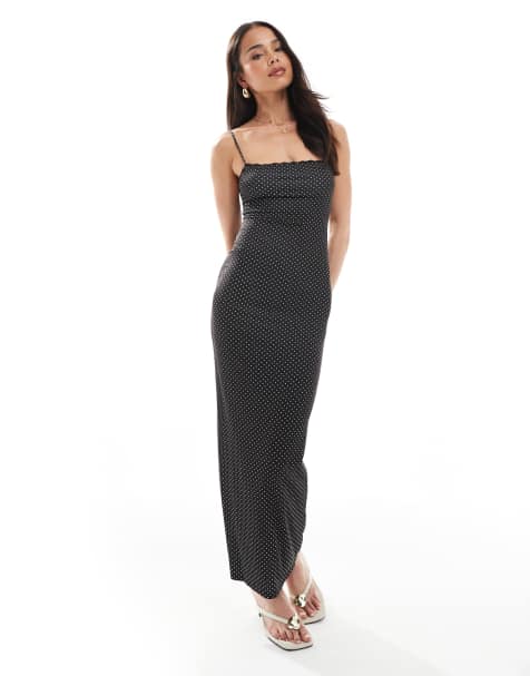 Bershka - Robe longue à encolure droite et à pois - Noir - view 1