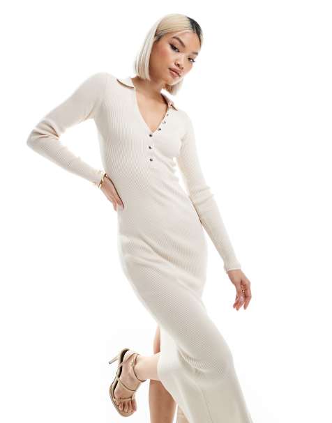 Bershka - Robe longue boutonnée en maille à col polo - Écru - view 1