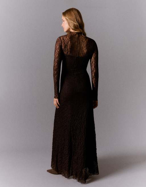 Bershka robe longue en dentelle à manches longues marron, 3 de 5