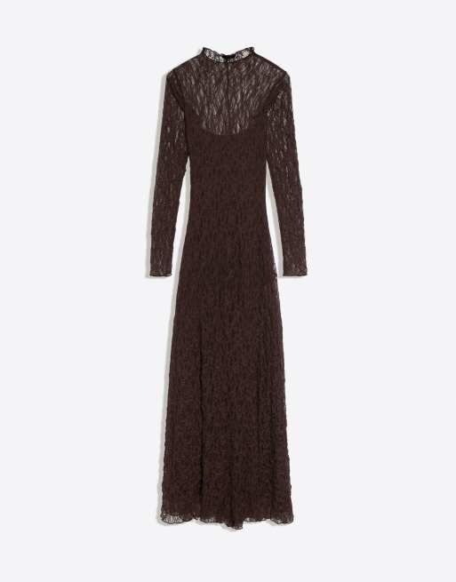 Bershka robe longue en dentelle à manches longues marron, 5 de 5
