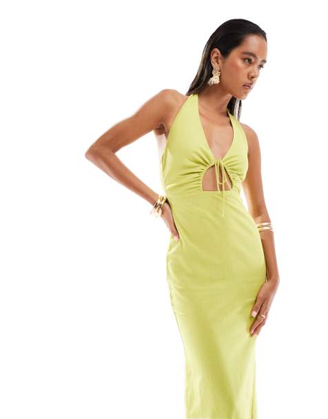Bershka - Robe longue en lin à encolure américaine - Pistache - view 1