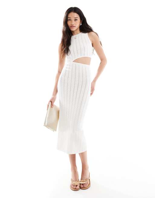 Bershka - Robe longue en maille avec découpe à l'avant - Écru