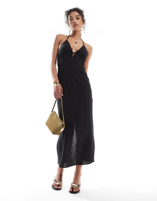 Bershka - Robe longue imprimée en lin à dos nu - Noir
