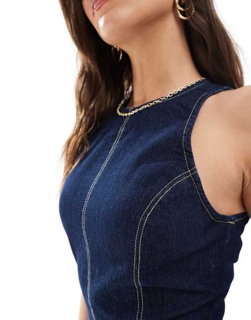 Bershka - Robe longue moulante en jean - Bleu foncé, 3 de 4