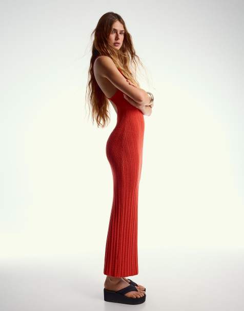 Bershka - Robe mi-longue à bretelles et anneau - Corail - view 1