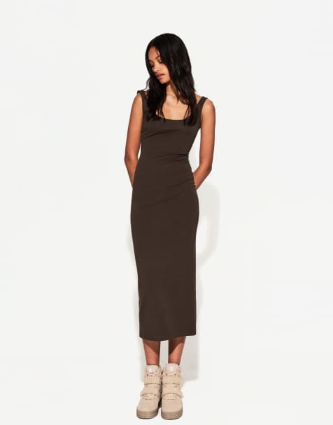 Bershka - Robe mi-longue à bretelles - Marron - view 1