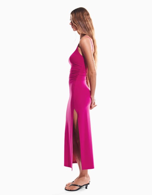 Bershka - Robe mi-longue à fronces et bretelles fines - Rose vif, 2 de 5