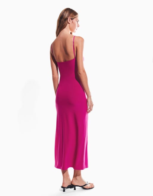 Bershka - Robe mi-longue à fronces et bretelles fines - Rose vif, 3 de 5