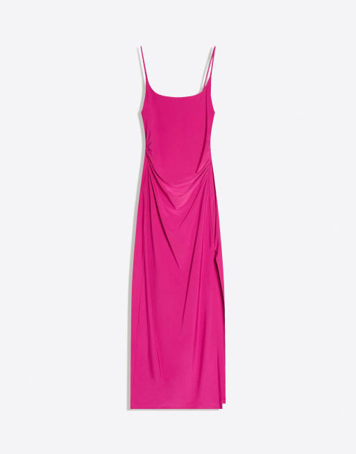Bershka - Robe mi-longue à fronces et bretelles fines - Rose vif, 5 de 5